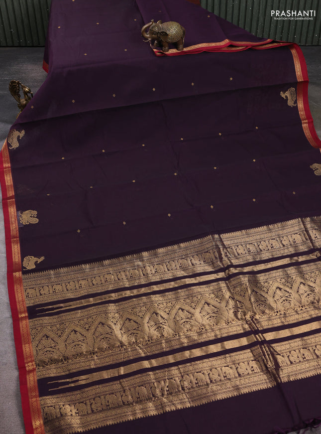Kanchi cotton saree deep purple and maroon with zari woven buttas and small zari woven border
