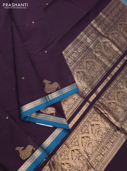 Kanchi cotton saree deep jamun and peacock blue with zari woven buttas and small zari woven border