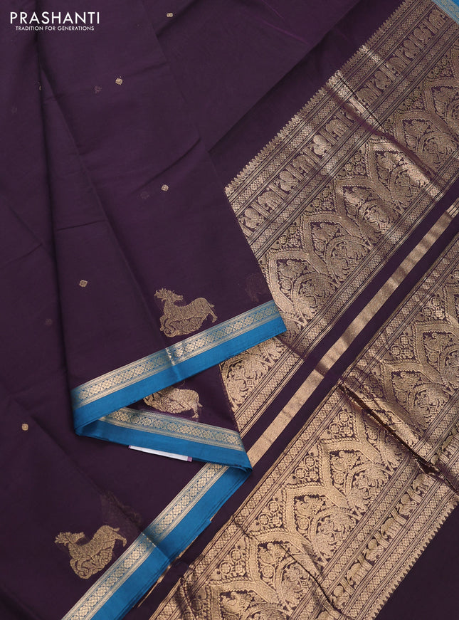 Kanchi cotton saree deep jamun and peacock blue with zari woven buttas and small zari woven border