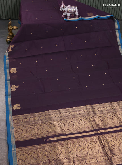 Kanchi cotton saree deep jamun and peacock blue with zari woven buttas and small zari woven border