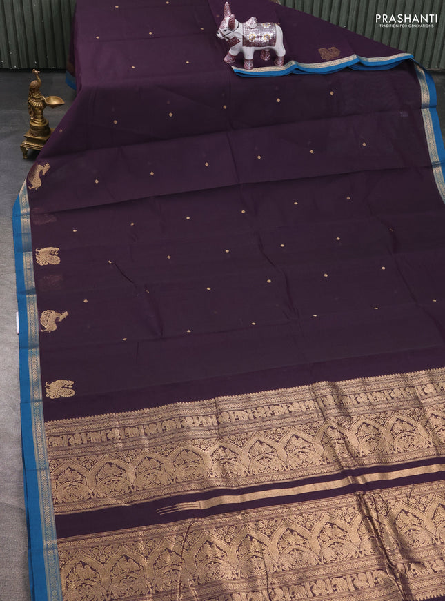 Kanchi cotton saree deep jamun and peacock blue with zari woven buttas and small zari woven border