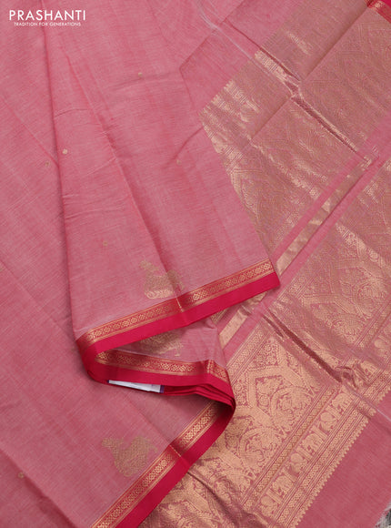 Kanchi cotton saree red and pink with zari woven buttas and small zari woven border