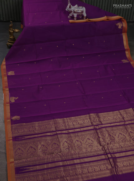 Kanchi cotton saree purple and mustard yellow with zari woven buttas and small zari woven border