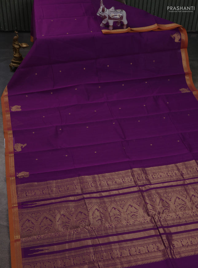 Kanchi cotton saree purple and mustard yellow with zari woven buttas and small zari woven border