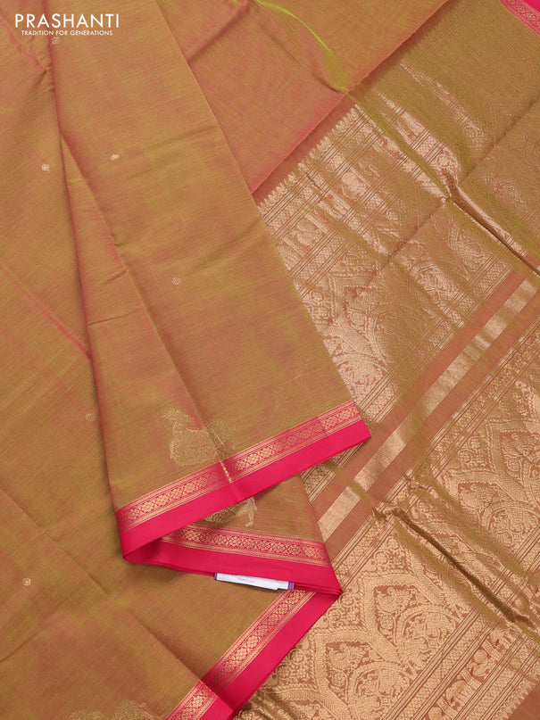 Kanchi cotton saree light green and pink with zari woven buttas and small zari woven border