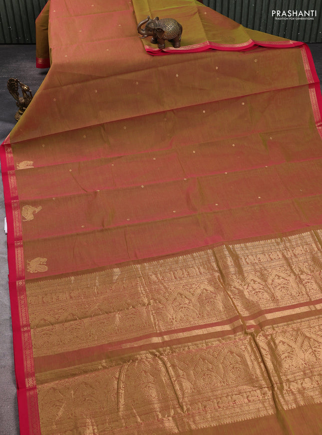 Kanchi cotton saree light green and pink with zari woven buttas and small zari woven border