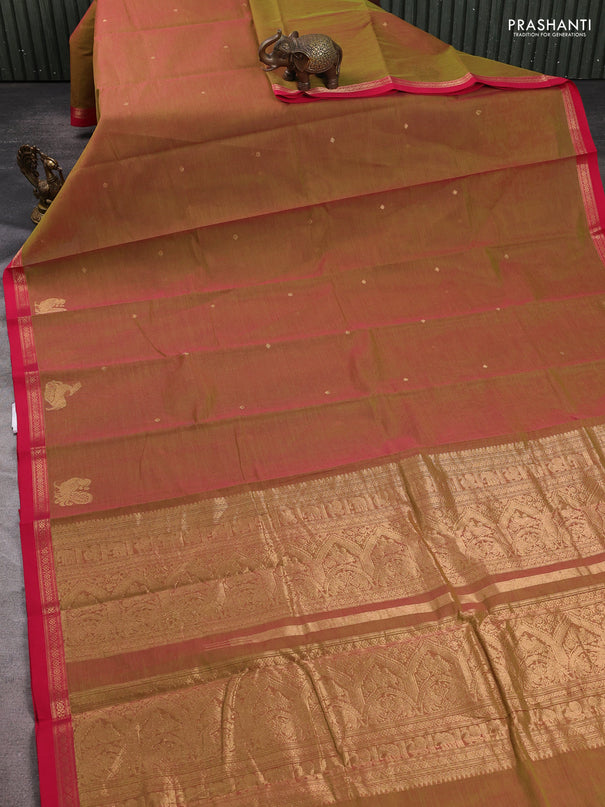 Kanchi cotton saree light green and pink with zari woven buttas and small zari woven border