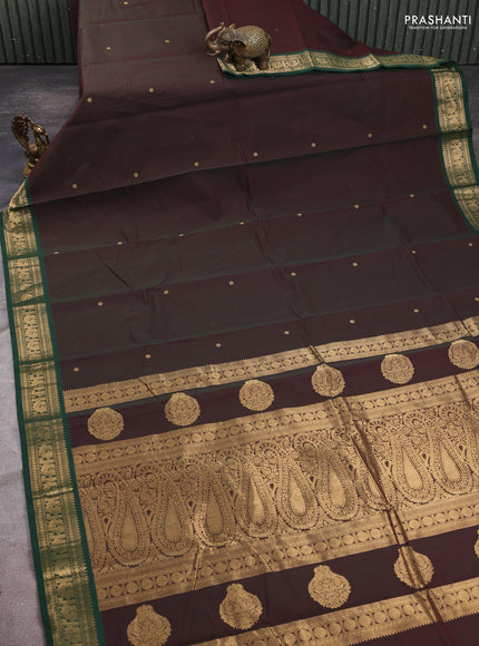 Kanchi cotton saree manthulir green and bottle green wirh zari woven buttas and zari woven border