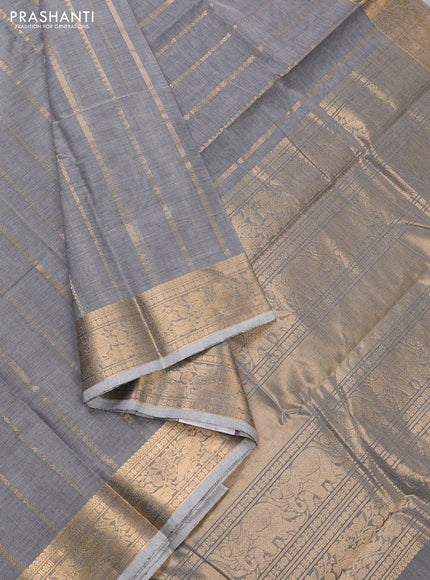 Kanchi cotton saree grey with allover zari stripe pattern and zari woven border