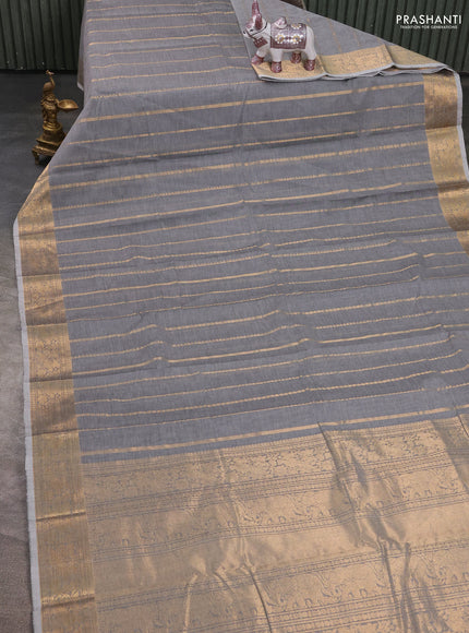 Kanchi cotton saree grey with allover zari stripe pattern and zari woven border