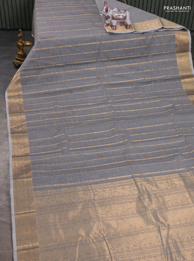 Kanchi cotton saree grey with allover zari stripe pattern and zari woven border