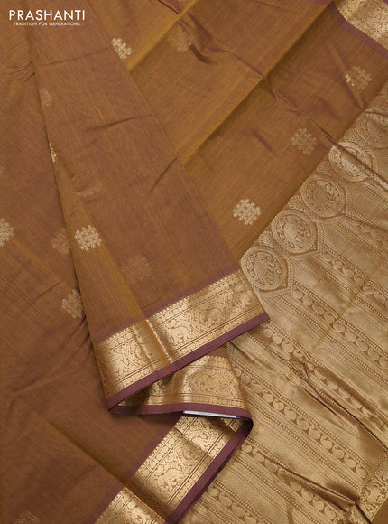 Kanchi cotton saree dark mustard and pastel purple with zari woven buttas and zari woven border
