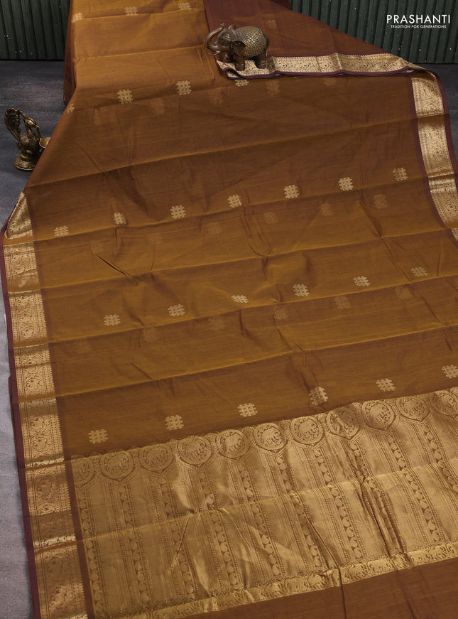 Kanchi cotton saree dark mustard and pastel purple with zari woven buttas and zari woven border