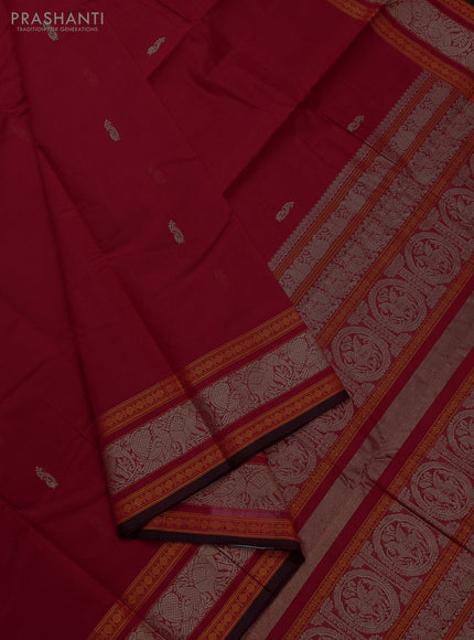 Kanchi cotton saree red and deep maroon with thread woven buttas and rettapet zari woven border