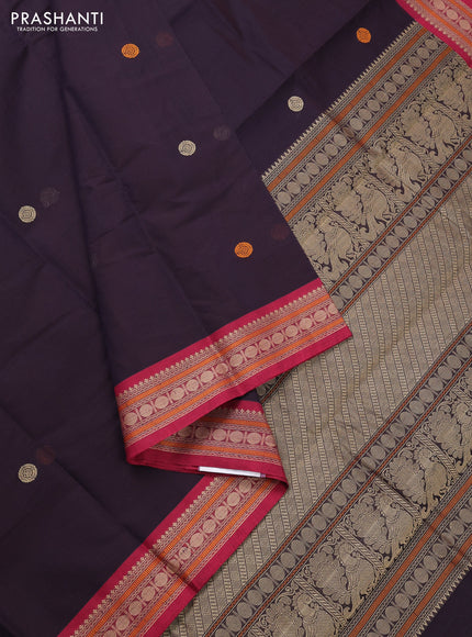 Kanchi cotton saree coffee brown and maroon with thread woven buttas and zari woven border