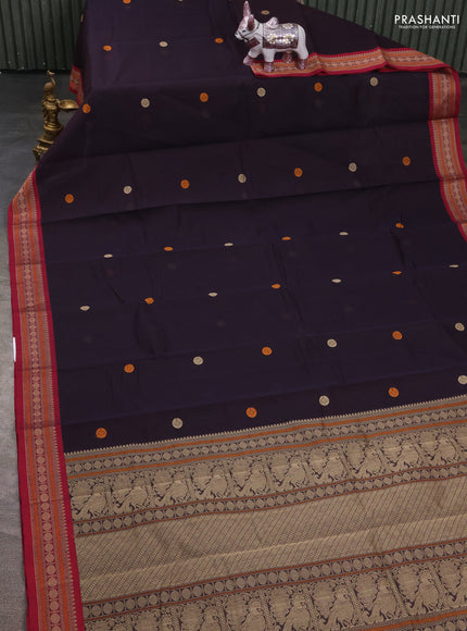 Kanchi cotton saree coffee brown and maroon with thread woven buttas and zari woven border
