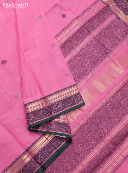 Kanchi cotton saree peach pink and bottle green with thread woven buttas and zari woven border
