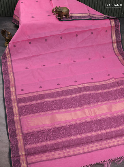Kanchi cotton saree peach pink and bottle green with thread woven buttas and zari woven border
