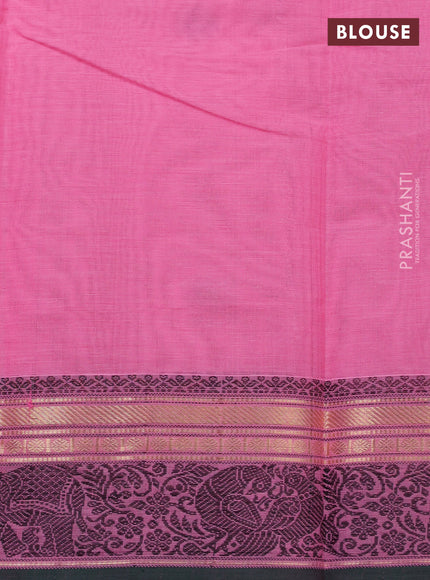 Kanchi cotton saree peach pink and bottle green with thread woven buttas and zari woven border