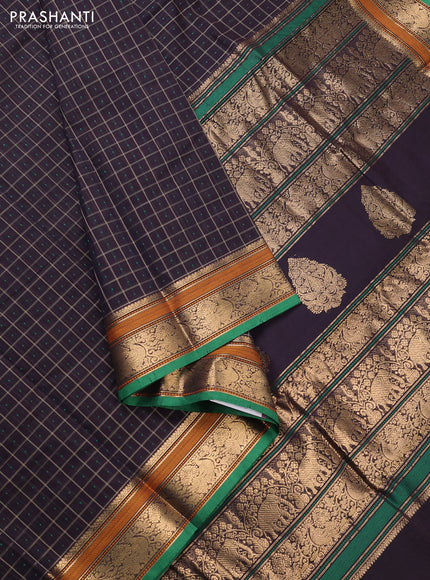 Kanchi cotton saree jamun shade and green with allover thread checks & buttas and zari woven border