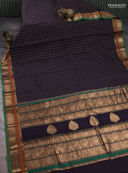 Kanchi cotton saree jamun shade and green with allover thread checks & buttas and zari woven border