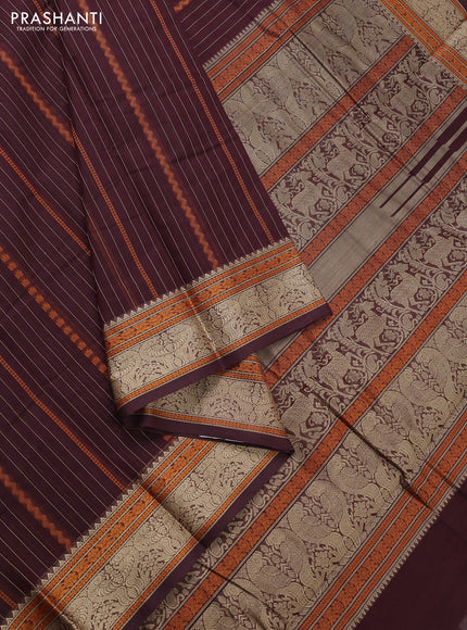 Kanchi cotton saree coffee brown with allover thread stripe pattern and thread woven border