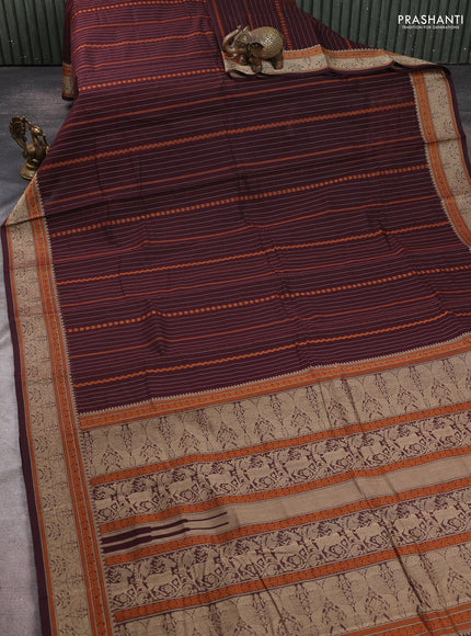 Kanchi cotton saree coffee brown with allover thread stripe pattern and thread woven border
