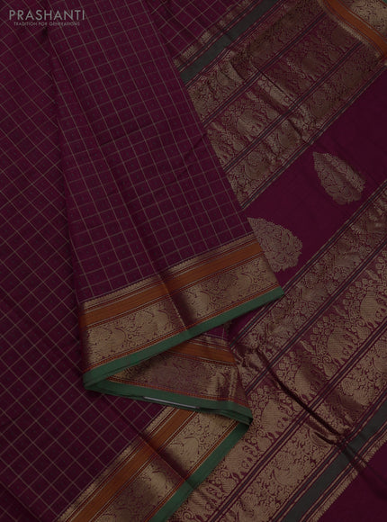 Kanchi cotton saree magenta pink and green with allover thread checks & buttas and zari woven border