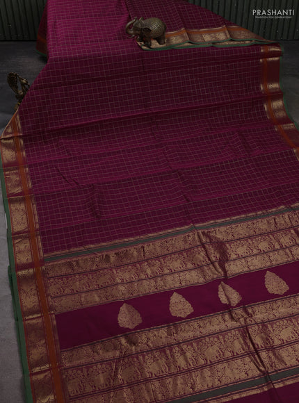 Kanchi cotton saree magenta pink and green with allover thread checks & buttas and zari woven border