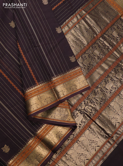 Kanchi cotton saree coffee brown with allover thread stripe & zari woven buttas and zari woven border