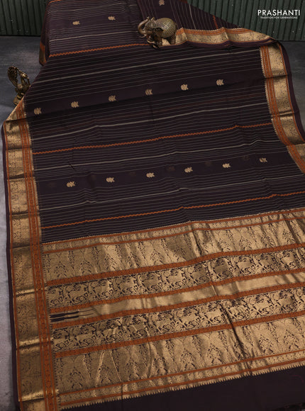 Kanchi cotton saree coffee brown with allover thread stripe & zari woven buttas and zari woven border