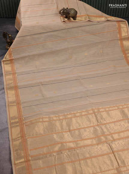 Kanchi cotton saree beige with allover thread stripe & zari woven buttas and zari woven border