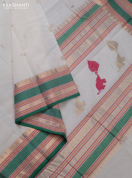 Kanchi cotton saree off white and green with zari woven buttas and temple zari woven border