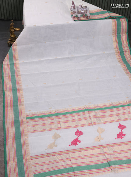 Kanchi cotton saree off white and green with zari woven buttas and temple zari woven border