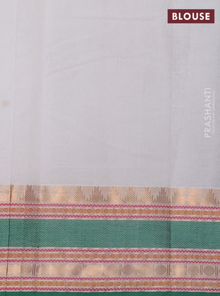 Kanchi cotton saree off white and green with zari woven buttas and temple zari woven border
