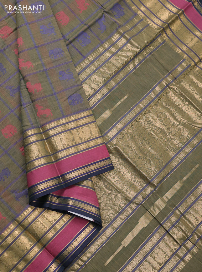 Kanchi cotton saree sap green and navy blue with allover thread checks & buttas and long zari woven border