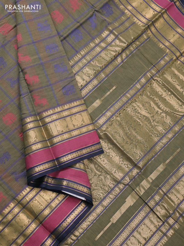 Kanchi cotton saree sap green and navy blue with allover thread checks & buttas and long zari woven border