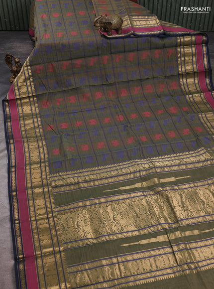 Kanchi cotton saree sap green and navy blue with allover thread checks & buttas and long zari woven border