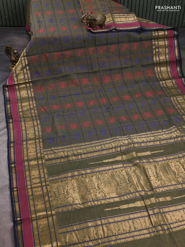 Kanchi cotton saree sap green and navy blue with allover thread checks & buttas and long zari woven border