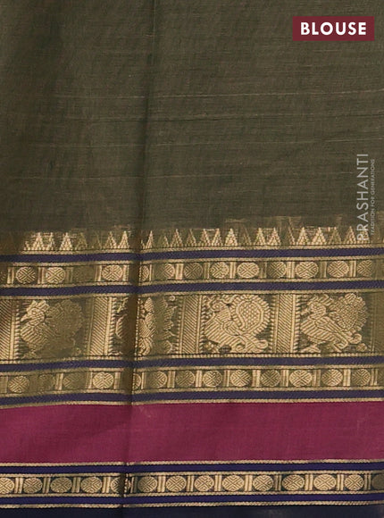 Kanchi cotton saree sap green and navy blue with allover thread checks & buttas and long zari woven border