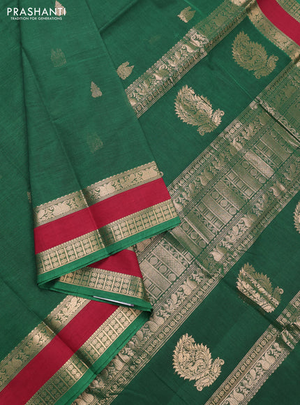 Kanchi cotton saree green and maroon with zari woven buttas and rettapet zari woven border