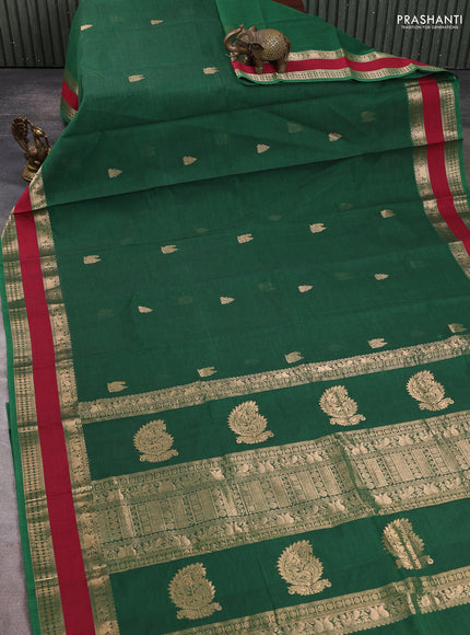 Kanchi cotton saree green and maroon with zari woven buttas and rettapet zari woven border