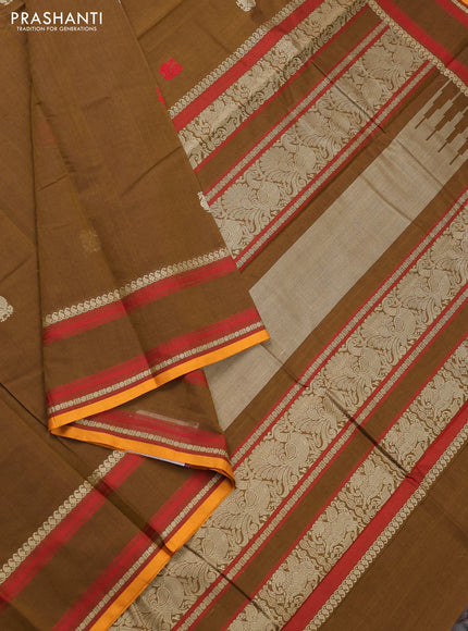 Kanchi cotton saree mehendi green and mustard yellow with thread woven buttas and rettapet thread woven border