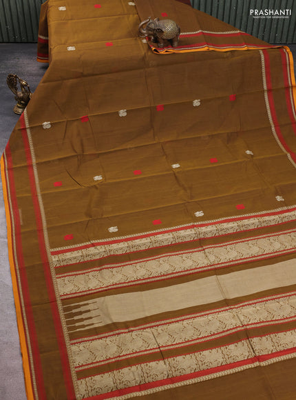 Kanchi cotton saree mehendi green and mustard yellow with thread woven buttas and rettapet thread woven border