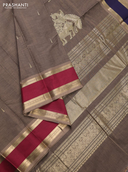 Kanchi cotton saree dark beige and maroon with zari woven buttas and ganga jamun border