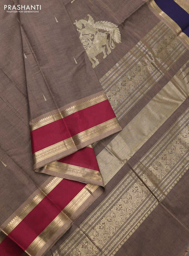 Kanchi cotton saree dark beige and maroon with zari woven buttas and ganga jamun border