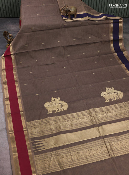 Kanchi cotton saree dark beige and maroon with zari woven buttas and ganga jamun border