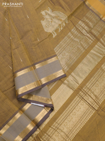 Kanchi cotton saree mustard yellow and navy blue with zari woven buttas and rettapet zari woven border