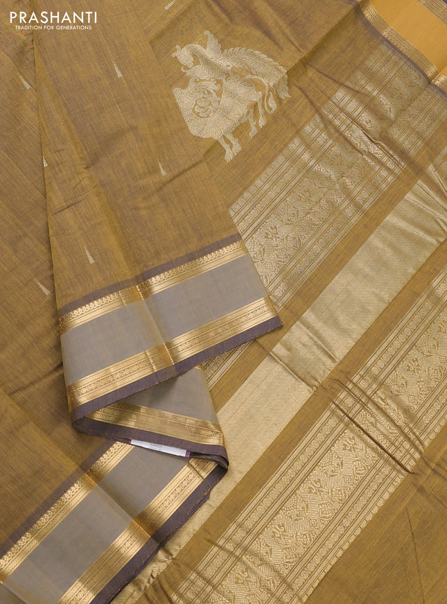 Kanchi cotton saree mustard yellow and navy blue with zari woven buttas and rettapet zari woven border