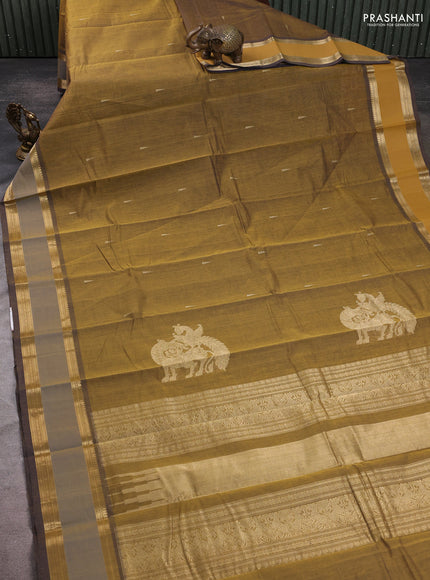 Kanchi cotton saree mustard yellow and navy blue with zari woven buttas and rettapet zari woven border